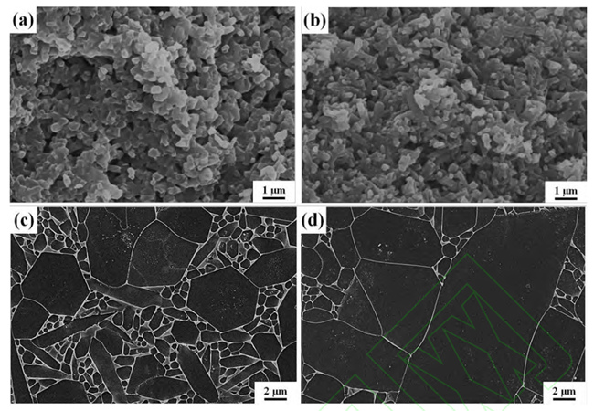 (a, c) Microstruttura del campione dopo nitrurazione senza aggiunta e (b, d) Microstruttura del campione dopo nitrurazione con polvere sepolta contenente C (a, b) e microstruttura del nitruro di silicio dopo aria