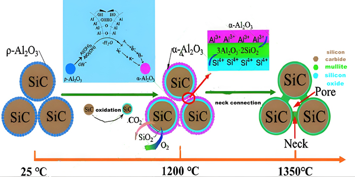 Diagramma schematico del processo di sinterizzazione di ceramiche porose di carburo di silicio legate con mullite preparate mediante la tecnica di sinterizzazione reattiva in situ